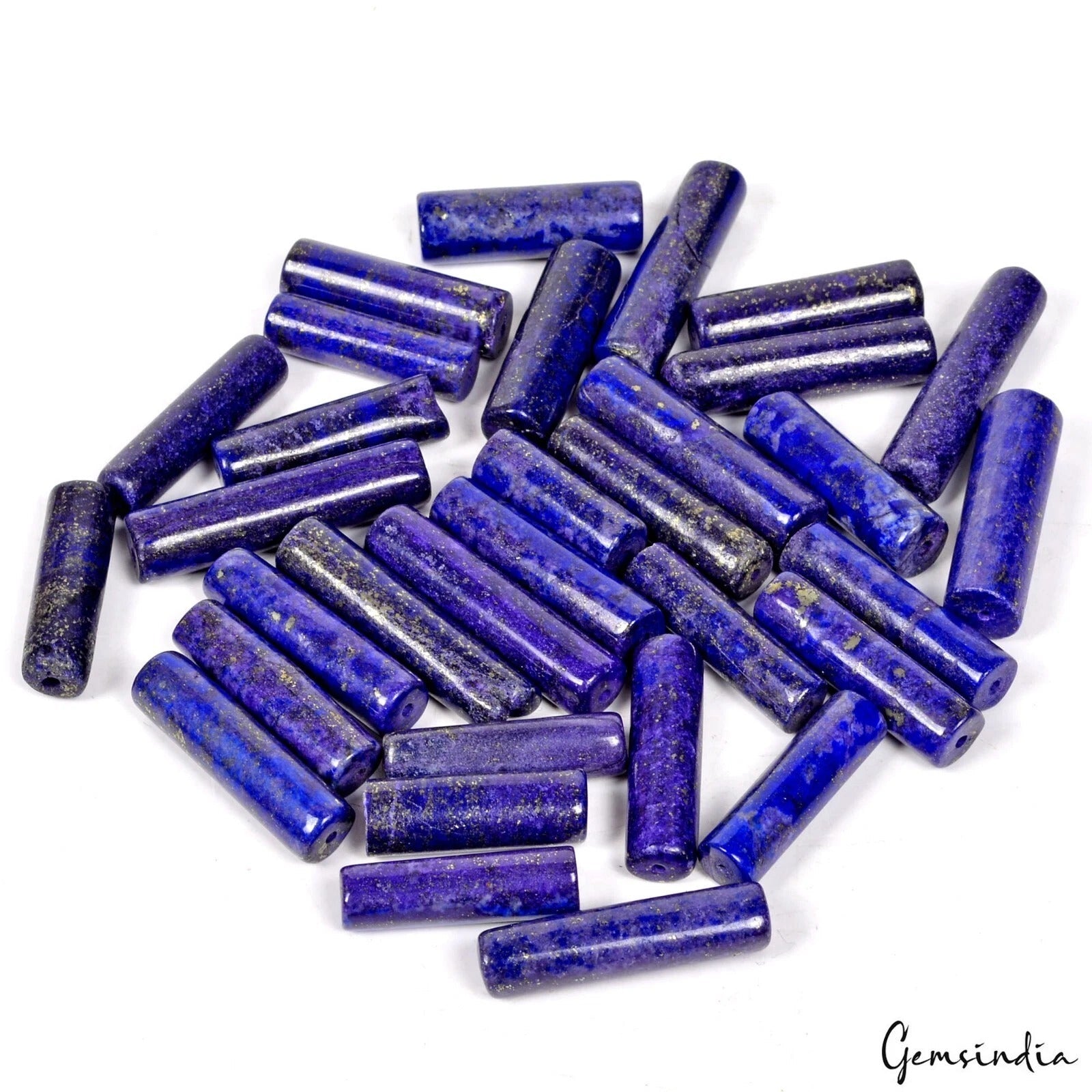 770 Ct/32 Pcs Natural Blue Lapis Lazuli Tube Shape Drill Spacer Gems For Jewelry