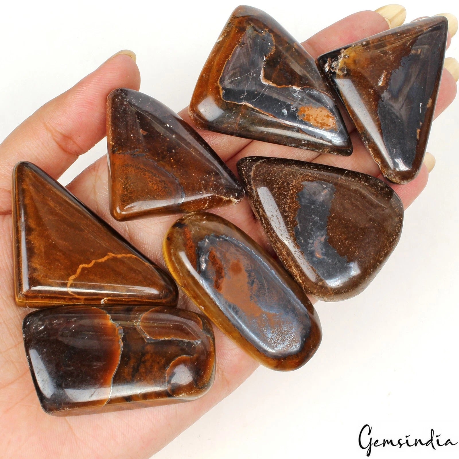 Tiger Eye Lot, Cabochon, Fancy Pear Oval Cabochon, Untreated — 7 Pieces, 36mm to 57mm, 1130 Ct