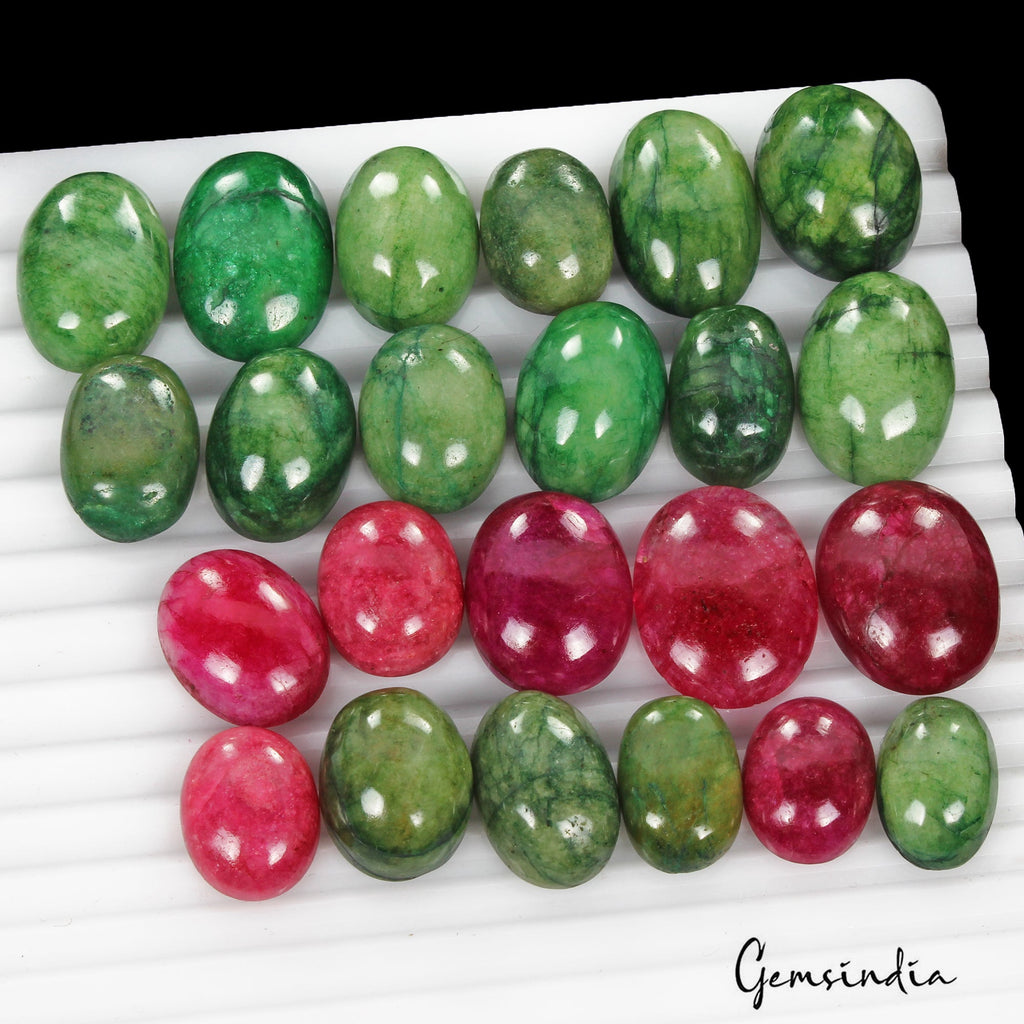 500 Ct/23 Pcs Natural Green Emerald Red Ruby Oval Cab Loose Gems Lot For Jewelry