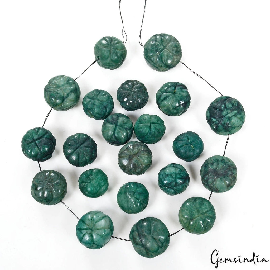 460 Cts/21 Pcs Natural Green Emerald Round Pumpkin Carved Drilled Bead Gems Lot