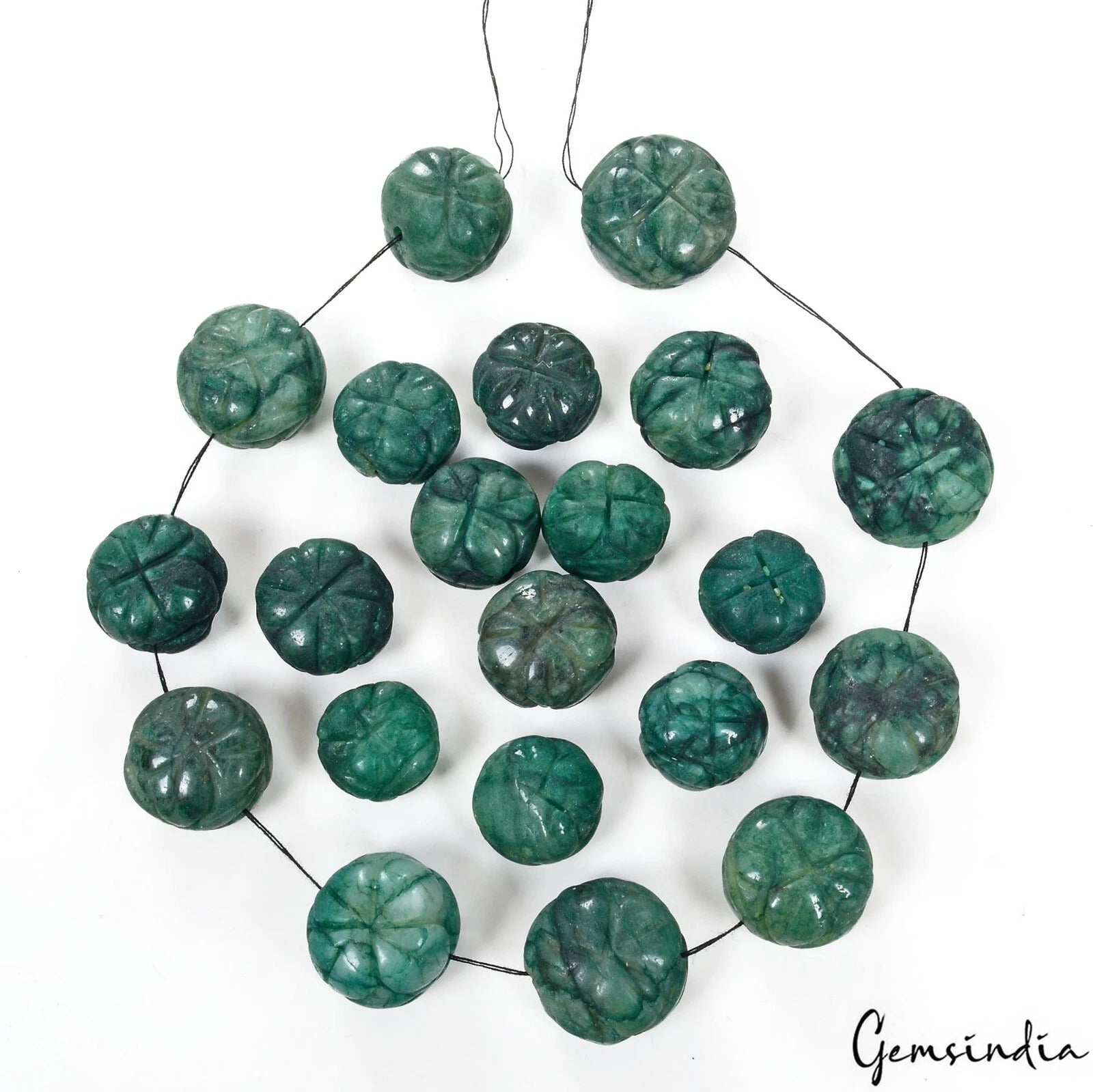 460 Cts/21 Pcs Natural Green Emerald Round Pumpkin Carved Drilled Bead Gems Lot