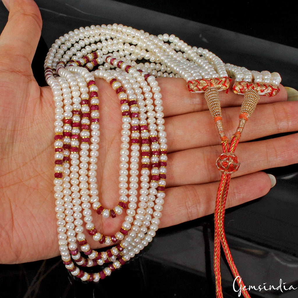 300 Cts Genuine Ruby & Pearl Multi Strands Beaded Handmade Women Necklace 22"