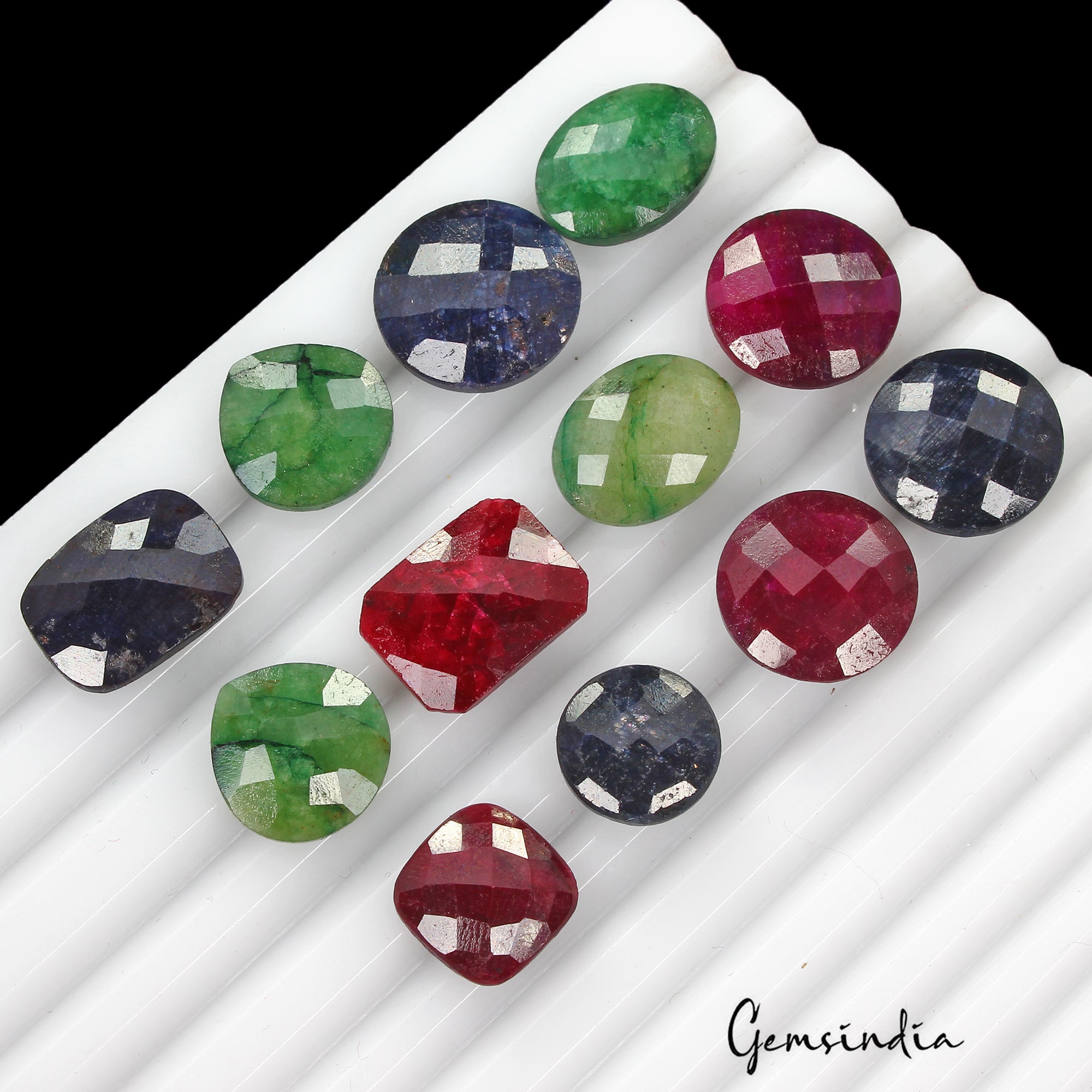 121.30 Cts/12 Pcs Natural Multi Color Ruby Emerald Sapphire Mix Checker Cut Gems