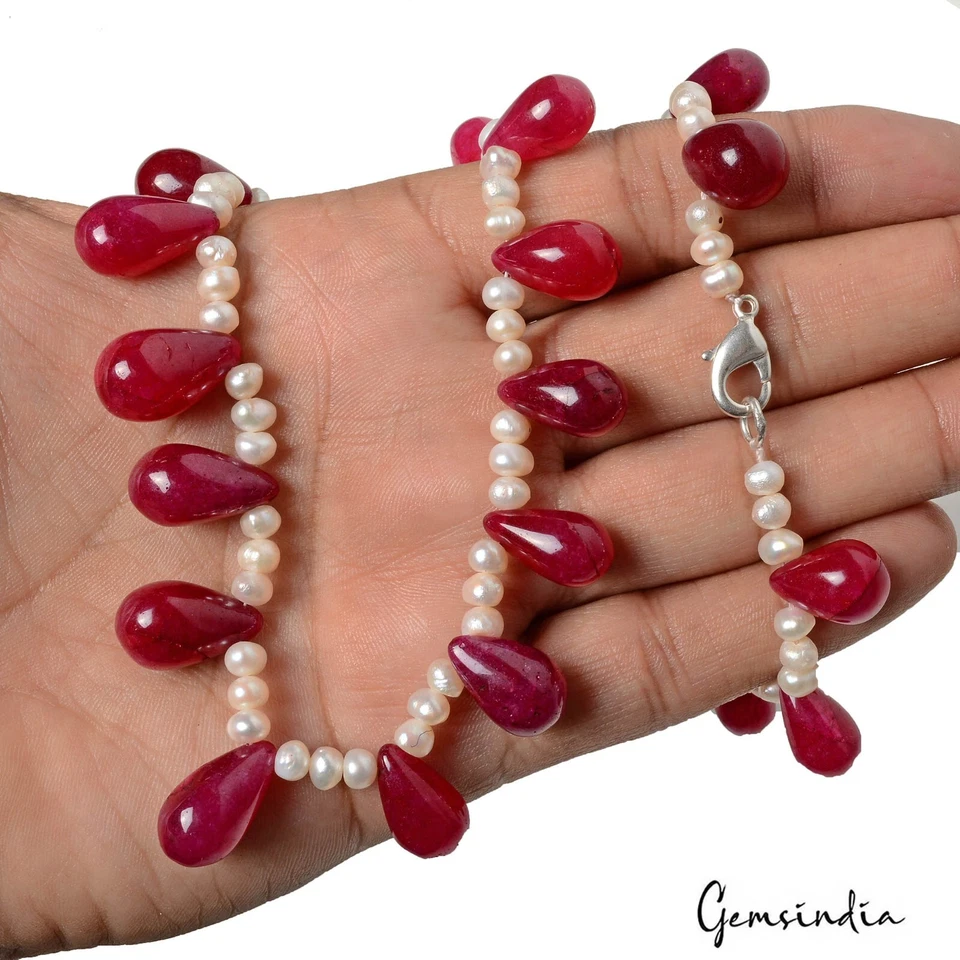 340 Ct Natural Pearl & Red Quartz Beads Handmade Necklace Jewelry for Women 19"
