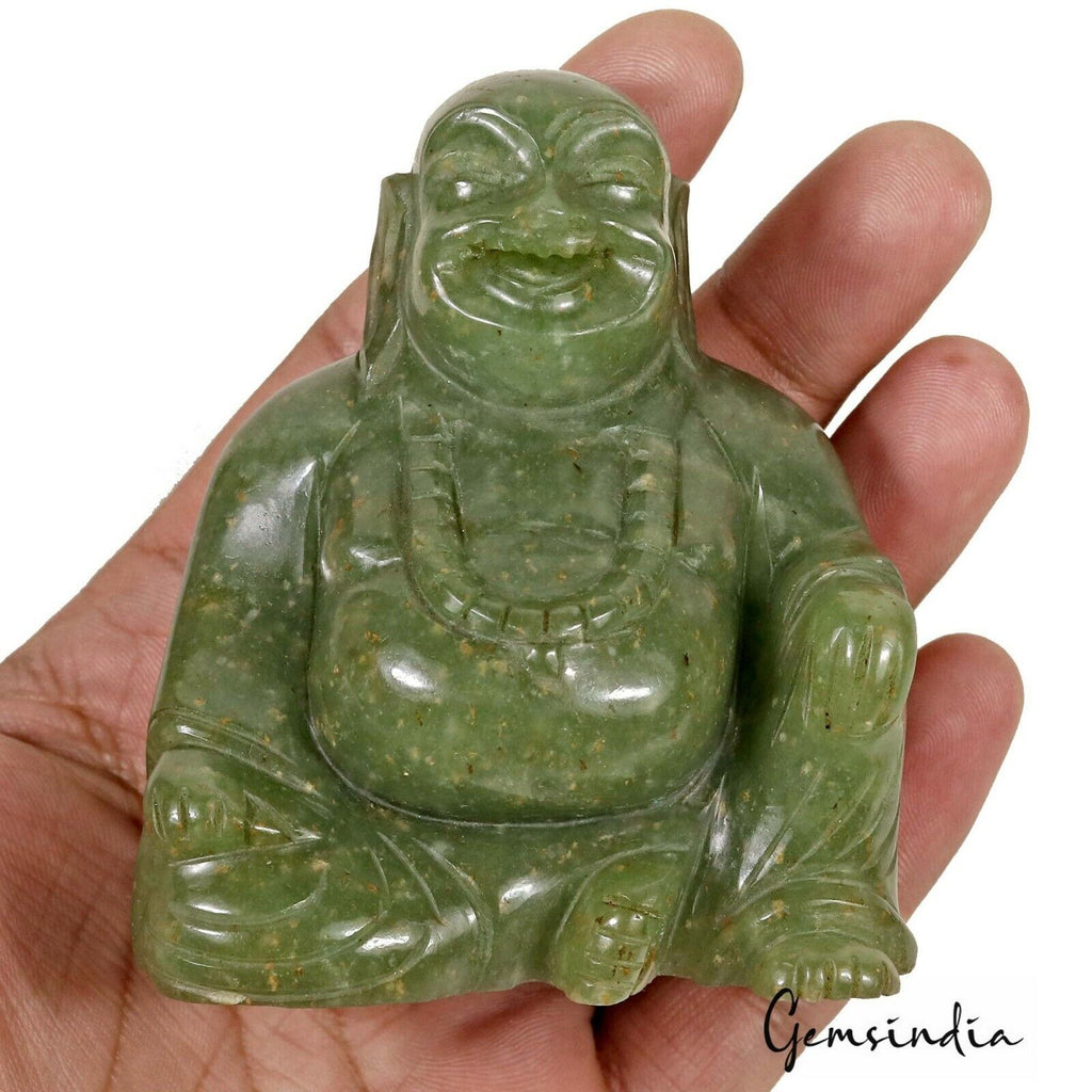 1430Ct Natural Untreated Aventurine Laughing Buddha Sculpture Hand Carved Gem 3"