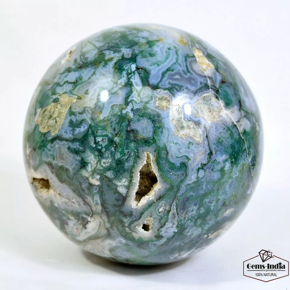 4.5" Moss Agate Sphere Mineral Druzy Reiki Chakra Green Witch Crystal Globe Deco