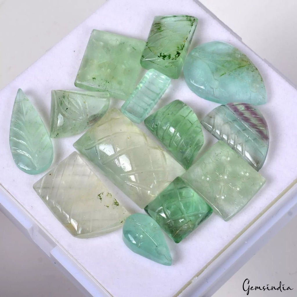281+Cts/13 Pcs Natural Untreated Green Fluorite Hand Carved Gems Lot For Jewelry