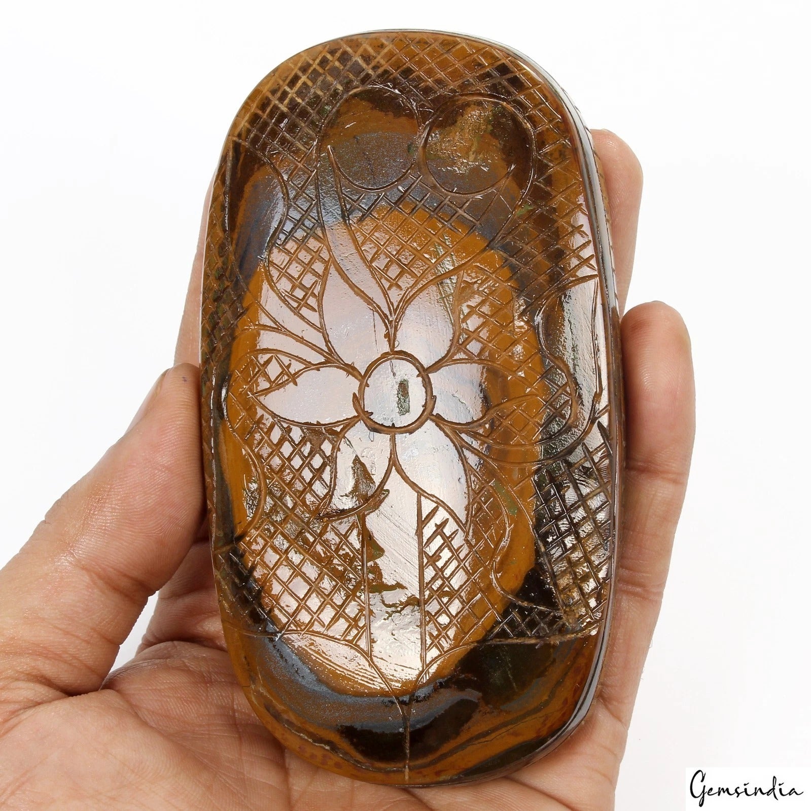 Tiger Eye Carving, Oval Carved, Yellow — 115 x 65 x 20mm, 1730 Ct
