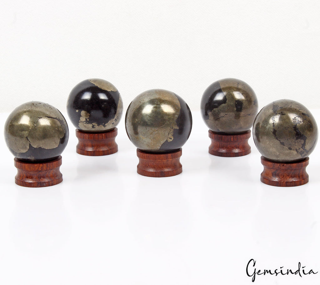 Lot of 5 Pyrite Spheres Crystal Ball w/ Stands - Natural Iron Fool's Gold Stone