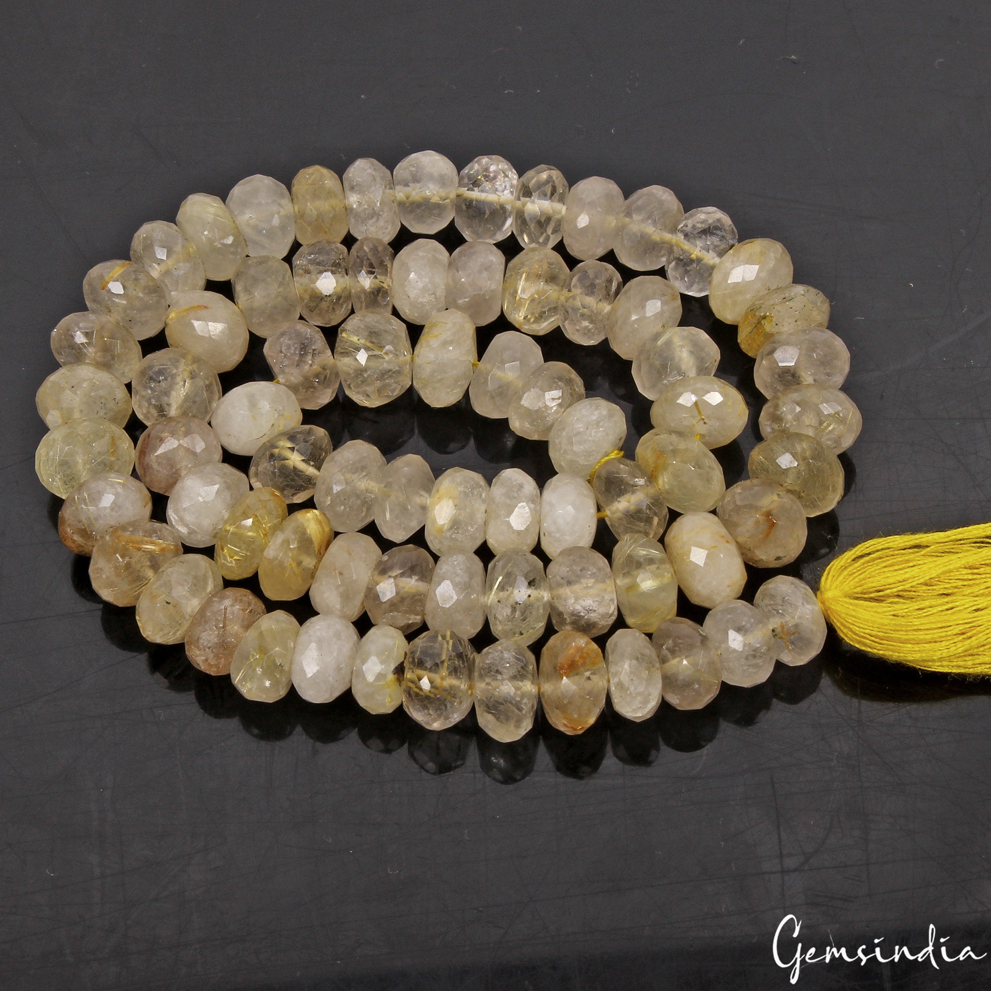 15" Long Natural Rutile Quartz Round Cut Center Drilled Gemstone Beads Strand