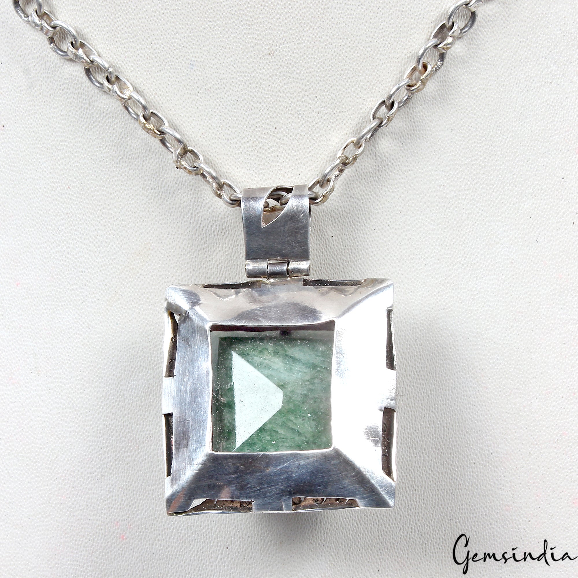 29.41 Gm Natural Green Emerald 925 Sterling Silver Hand Crafted Square Pendant