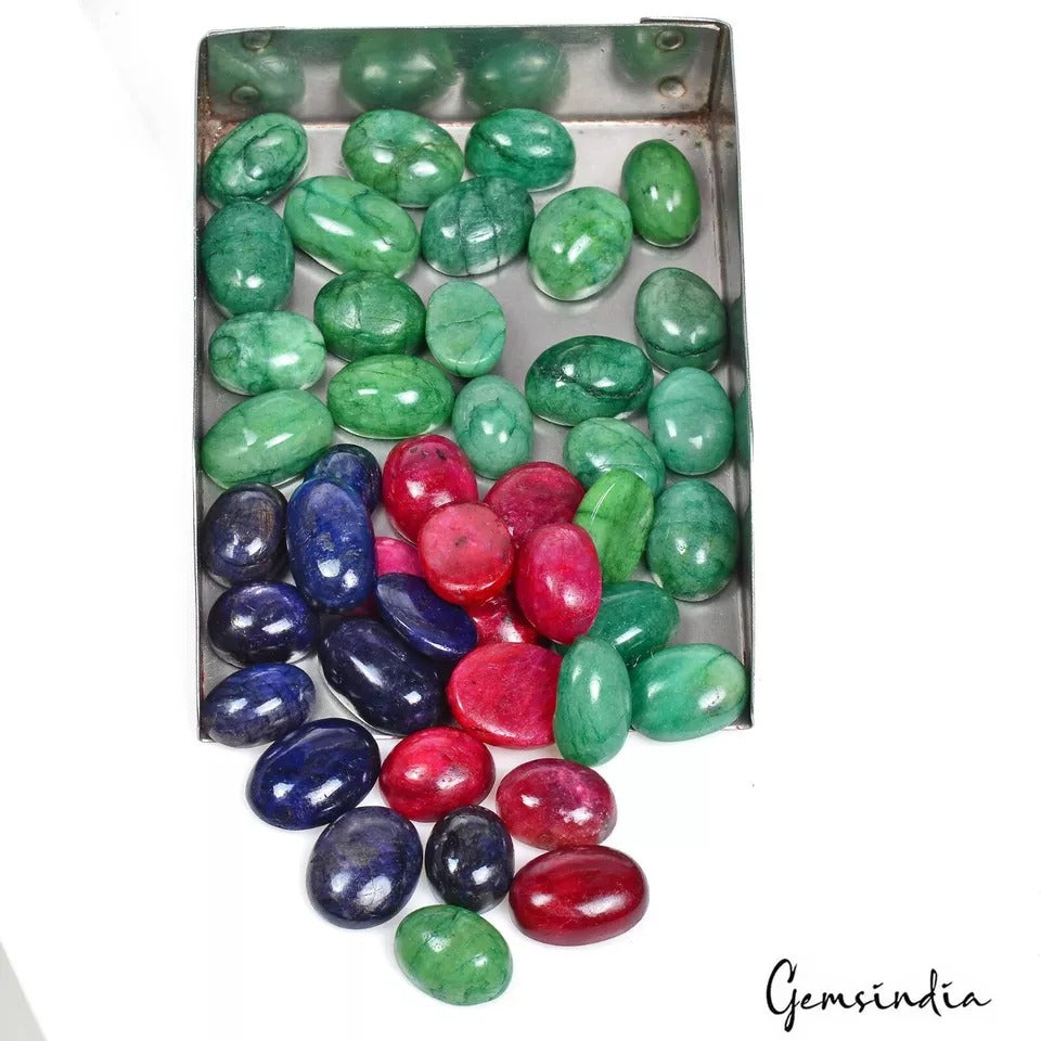 600 Cts/44 Pcs Natural Multi Color Emerald Ruby Sapphire Oval Cab Loose Gems Lot