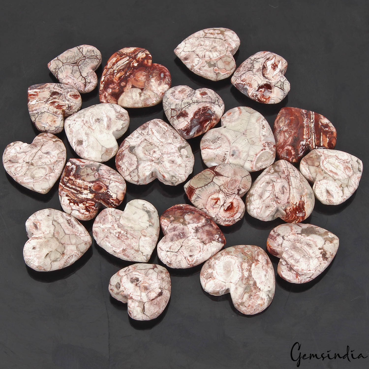 500 Cts/21 Pcs Natural Bi Color Rhyolite Jasper Heart Cab Artistic Pattern Gems