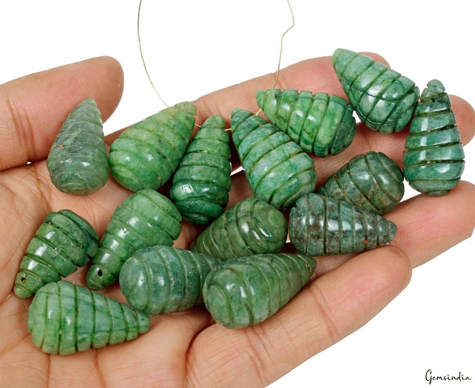 600 Ct Natural Green Emerald Carved Ribbed Briolette Beads 14 Pcs Teardrop Gems