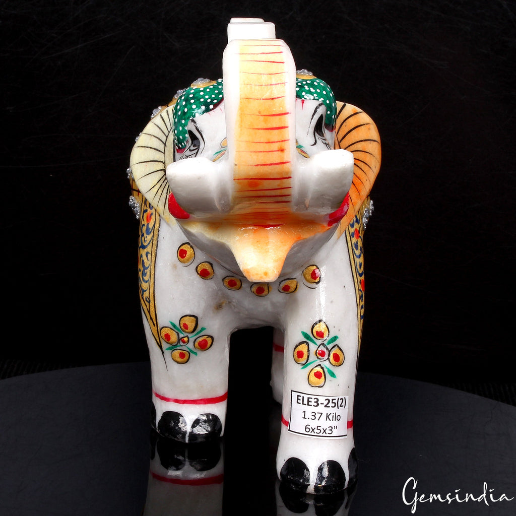 1.37 Kg Marble Elephant Statue Trunk Up Hand Paint Indian Art Home Deor Figurine