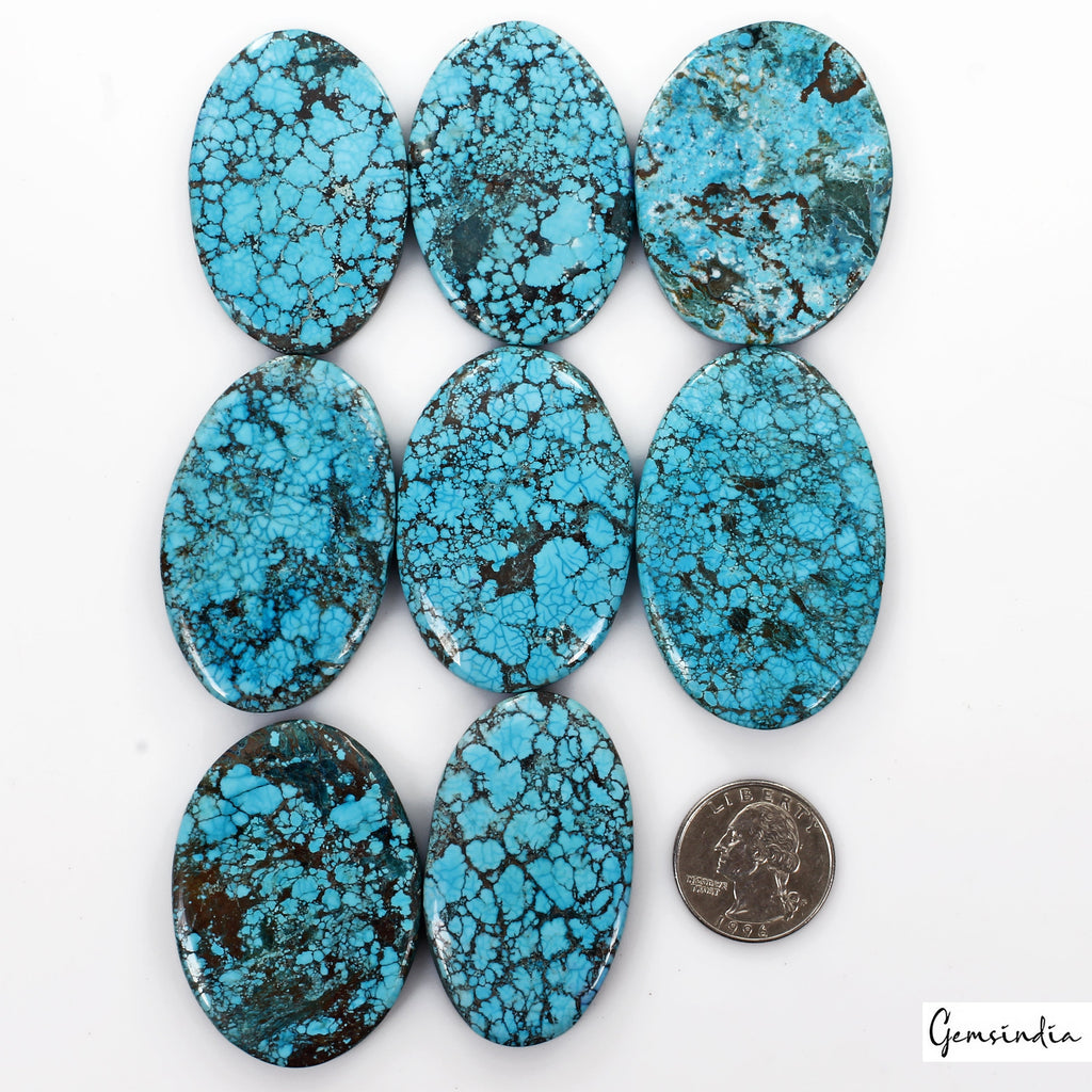 800 Ct/8 Pcs Natural Spiderweb Blue Turquoise Oval Cabochon Loose Gemstone Lot
