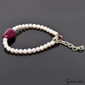 74 Ct Natural Red Ruby &Pearl Beaded Handmade Bracelet W Adjustable Silver Chain