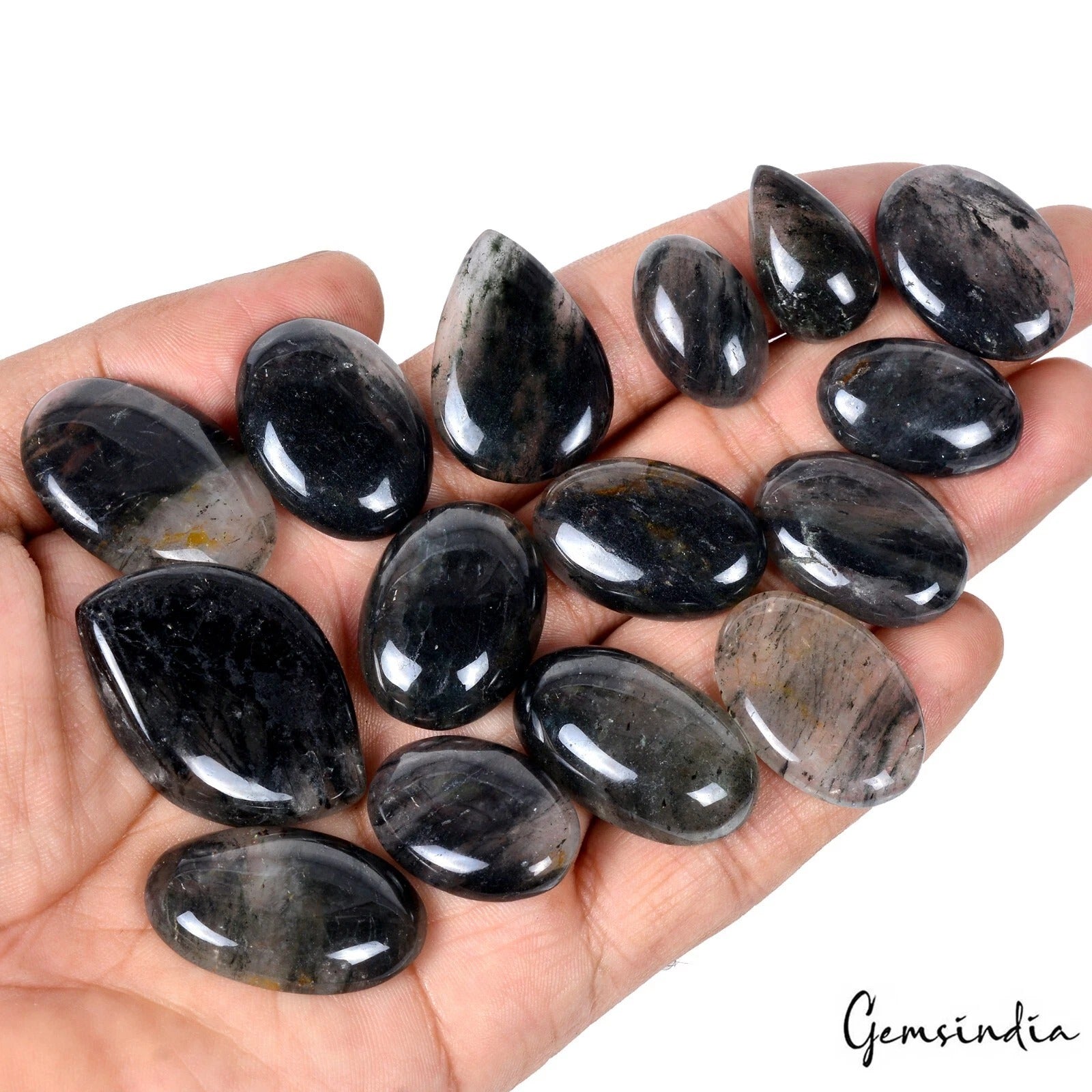 Rutilated Quartz Lot, Cabochon, Untreated, Black — 15 Pieces, 21mm to 37mm, 430 Ct, Madagascar