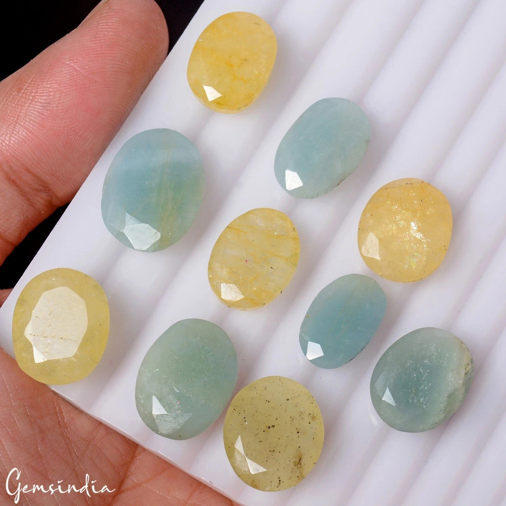 131.30 Ct Natural Blue Aquamarine Yellow Beryl Oval Cut Faceted Gems Lot 10 Pcs