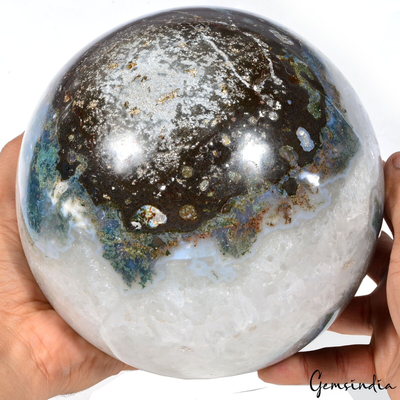 8.6 Kilo Natural Dendrite Moss Agate Sphere Crystal Healing Mineral Huge Sphere