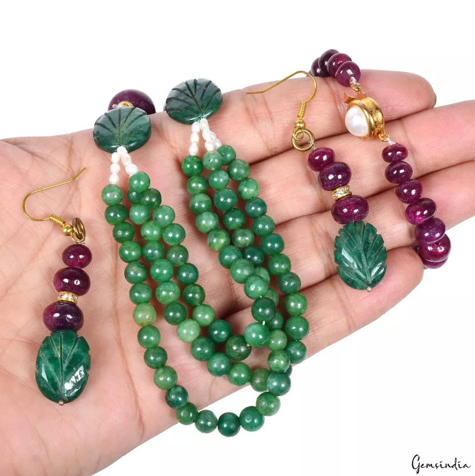 22" Long Natural Ruby & Emerald Handmade Necklace w/ Earrings Women Jewelry