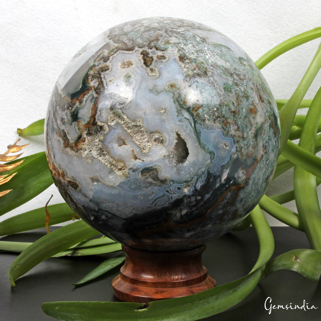 4.25 in Large Natural Moss Agate Geode Druzy Sphere Quartz Crystal Ball Healing