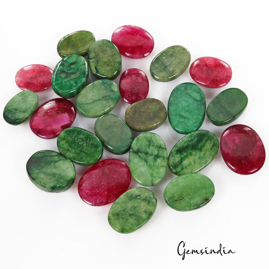 500 Ct/23 Pcs Natural Green Emerald Red Ruby Oval Cab Loose Gems Lot For Jewelry