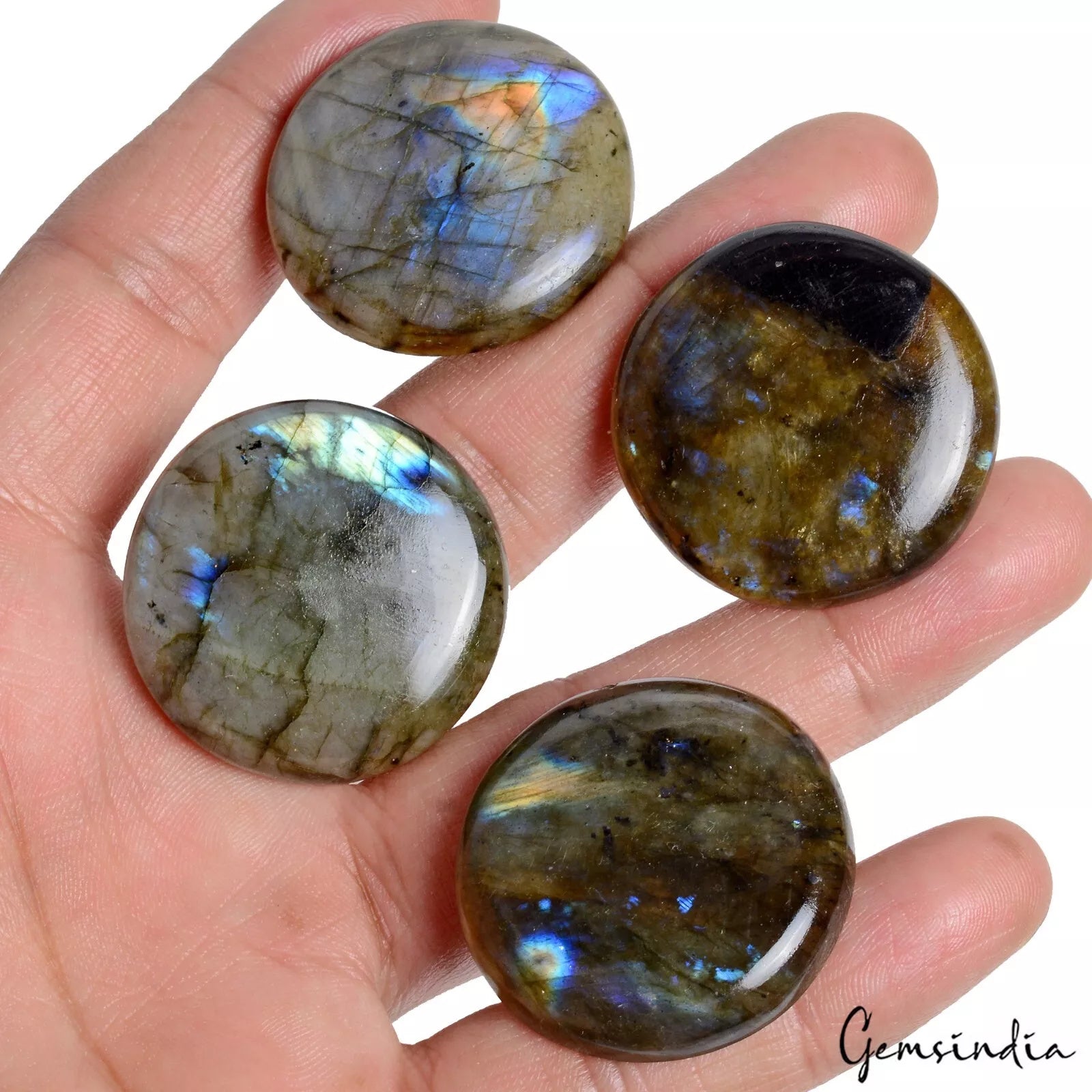 Labradorite Lot, Cabochon, Untreated, Blue — 4 Pieces, 34mm, 320 Ct
