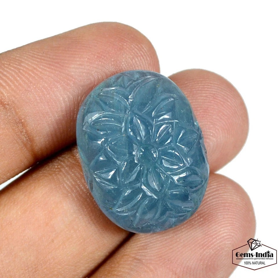 Aquamarine Loose Gemstone, Oval Carved, Untreated — 23 x 18 x 9mm, 29.15 Ct, Brazil
