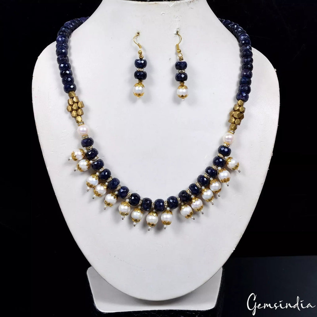 560 Cts Natural Blue Sapphire Freshwater Pearl Round Beaded Handmade Jewelry Set