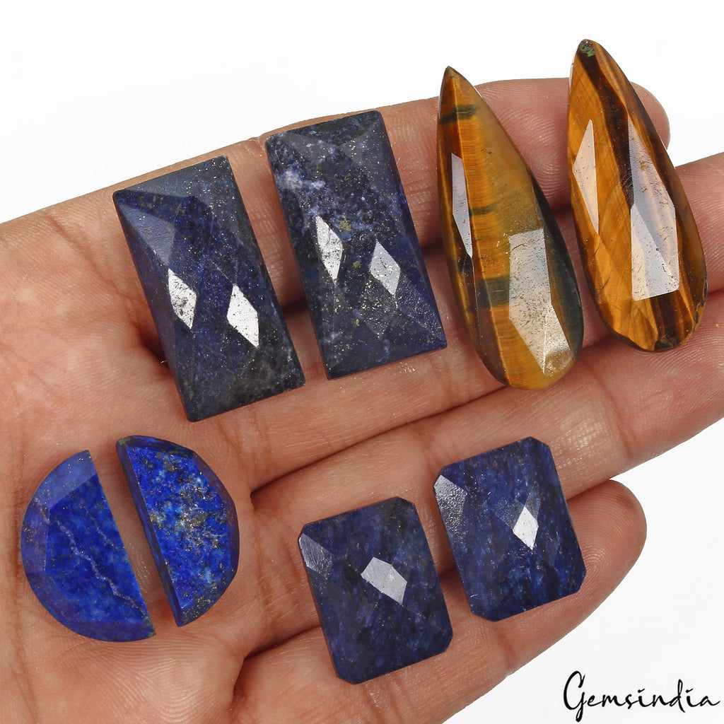 169.70 Ct/8 Pcs Natural Tiger Eye Lapis Lazuli Sapphire Mix Cut Gems 4 Pairs Lot