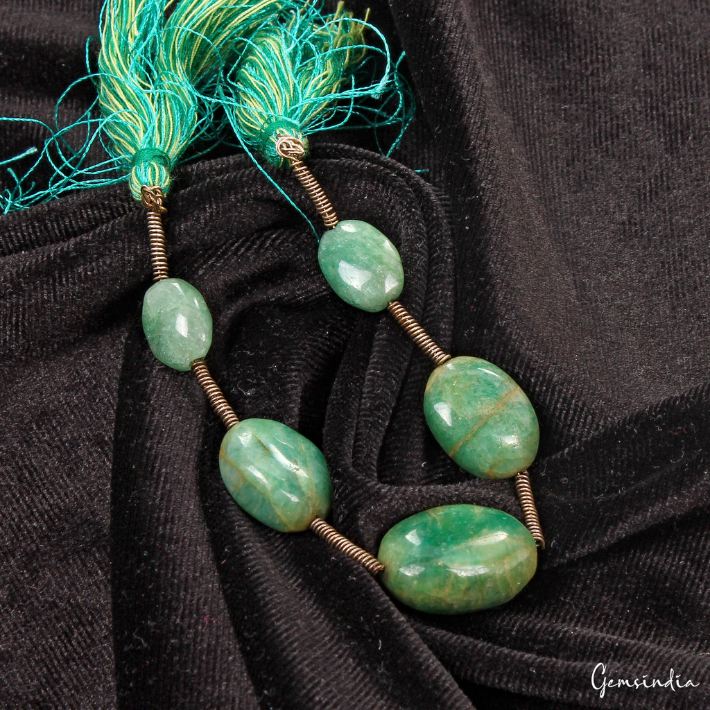 6.5 In Natural Brazilian Green Emerald Oval Cabochon Drilled Beads Gems Strand