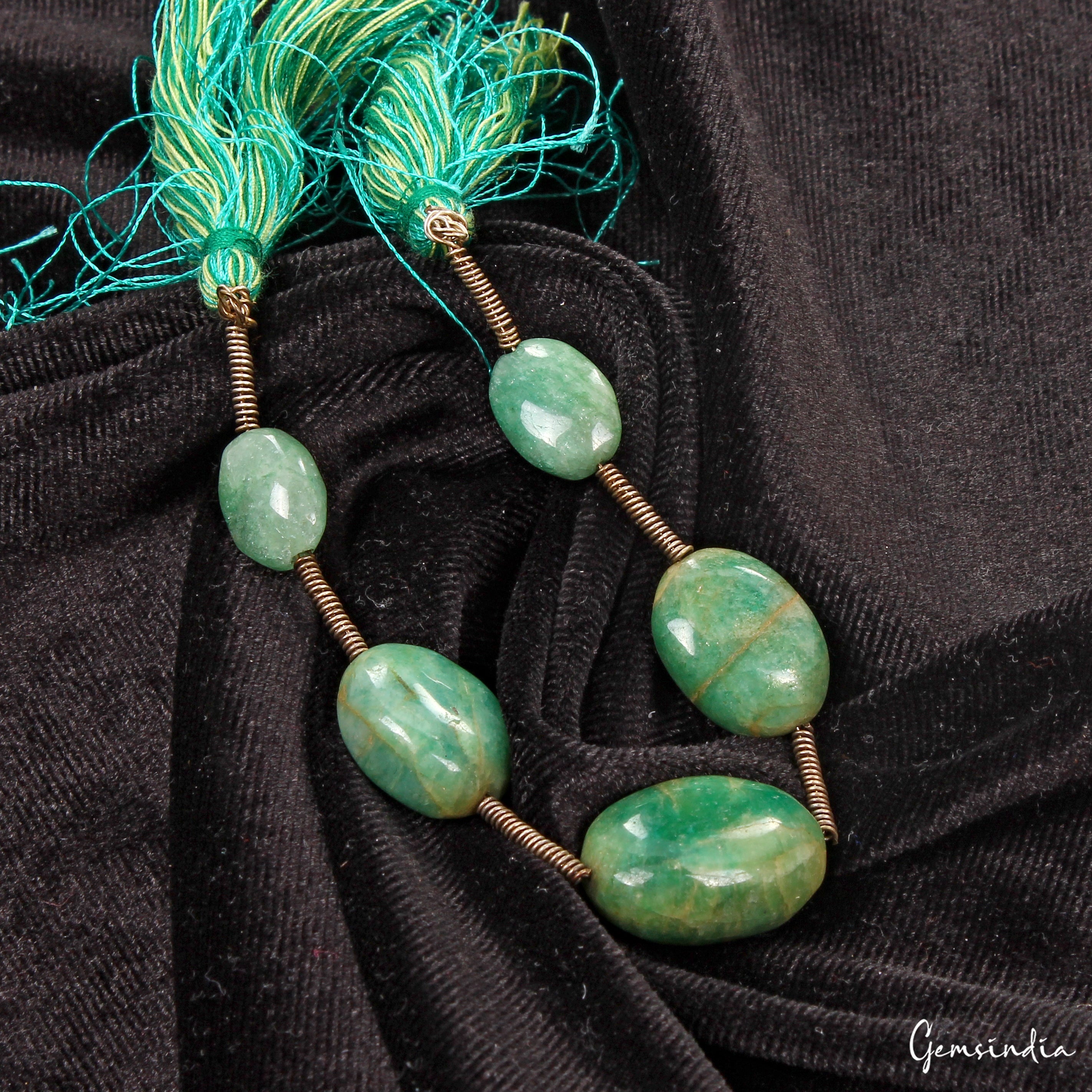 6.5 In Natural Brazilian Green Emerald Oval Cabochon Drilled Beads Gems Strand