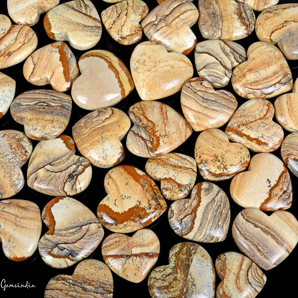 2500 Ct/38 Pcs Natural Untreated Picture Jasper Heart Cab Loose Gems For Jewelry