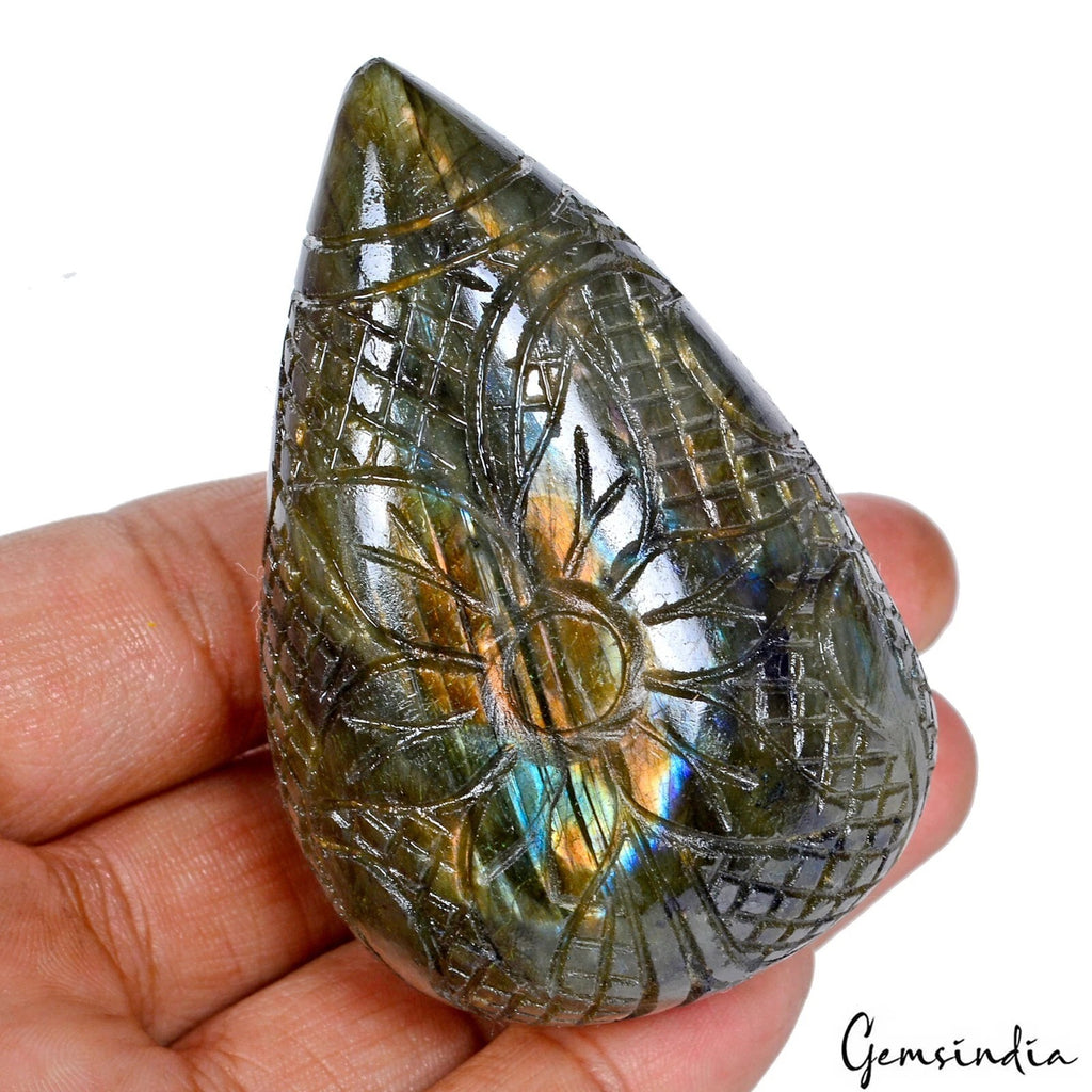 Labradorite Carving, Untreated, Peach — 68x45 mm, 840 Ct