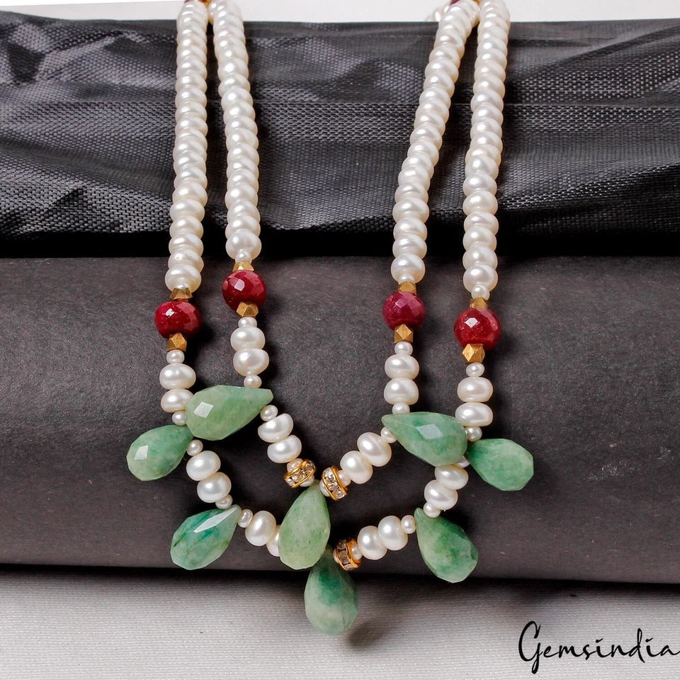 22 Inch Pearl Emerald Ruby Gemstones Beaded Handmade Designer Necklace for Women