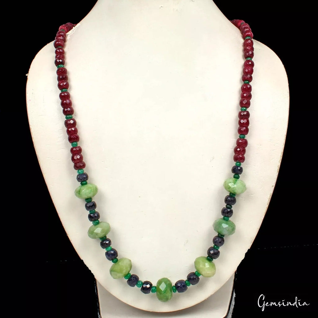 510 Cts Natural Sapphire Ruby Emerald Beaded Handmade Designer Necklace~ 26"