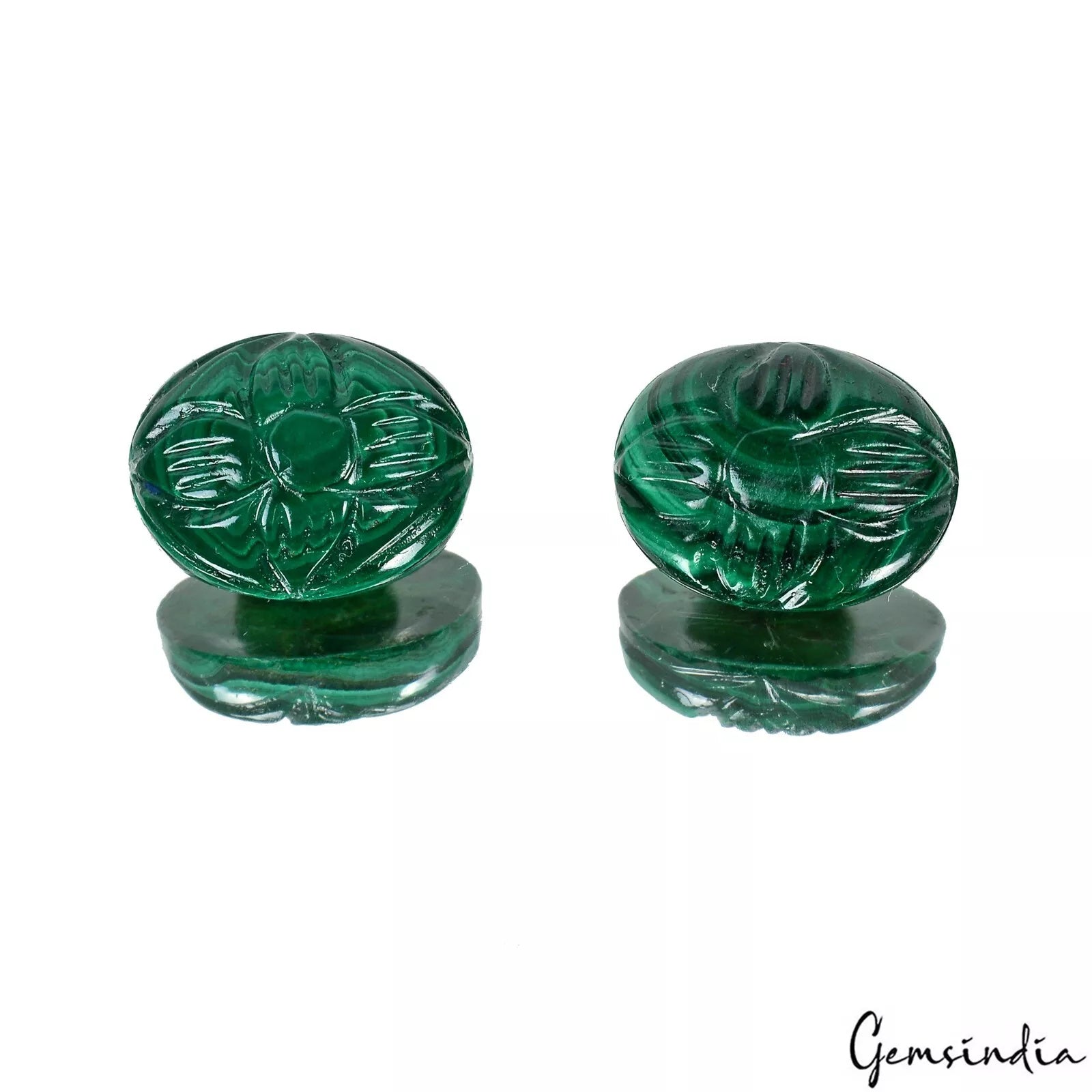 38.30 Cts/2 Pcs Natural Green Malachite Oval Carved Calibrated 17x13mm Gems Pair
