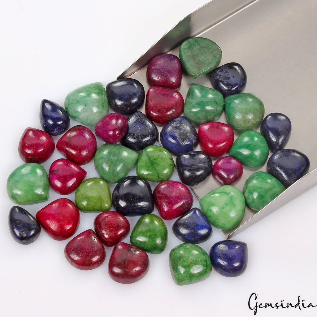 490 Ct Natural Ruby Emerald Sapphire Pear Cabochon Shape Loose Gemstones~ 38 Pcs