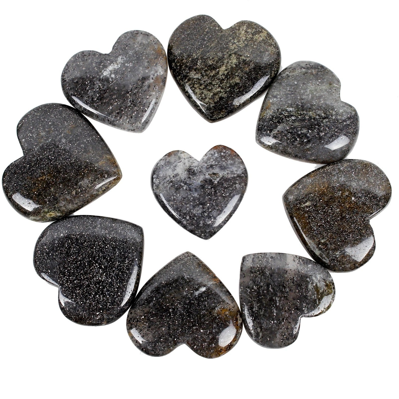 580 Cts/9 Pcs Natural Untreated Black w Glittering Shine Sunstone Heart Cab Gems
