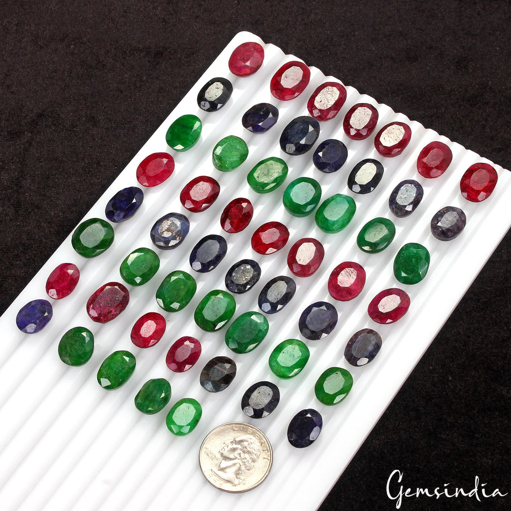 550 Cts/54 Pcs Natural Red Ruby Green Emerald Blue Sapphire Oval Cut Loose Gems