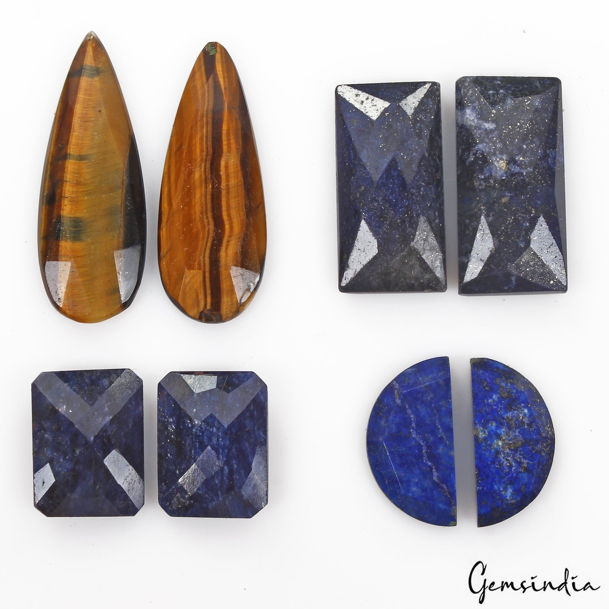 169.70 Ct/8 Pcs Natural Tiger Eye Lapis Lazuli Sapphire Mix Cut Gems 4 Pairs Lot