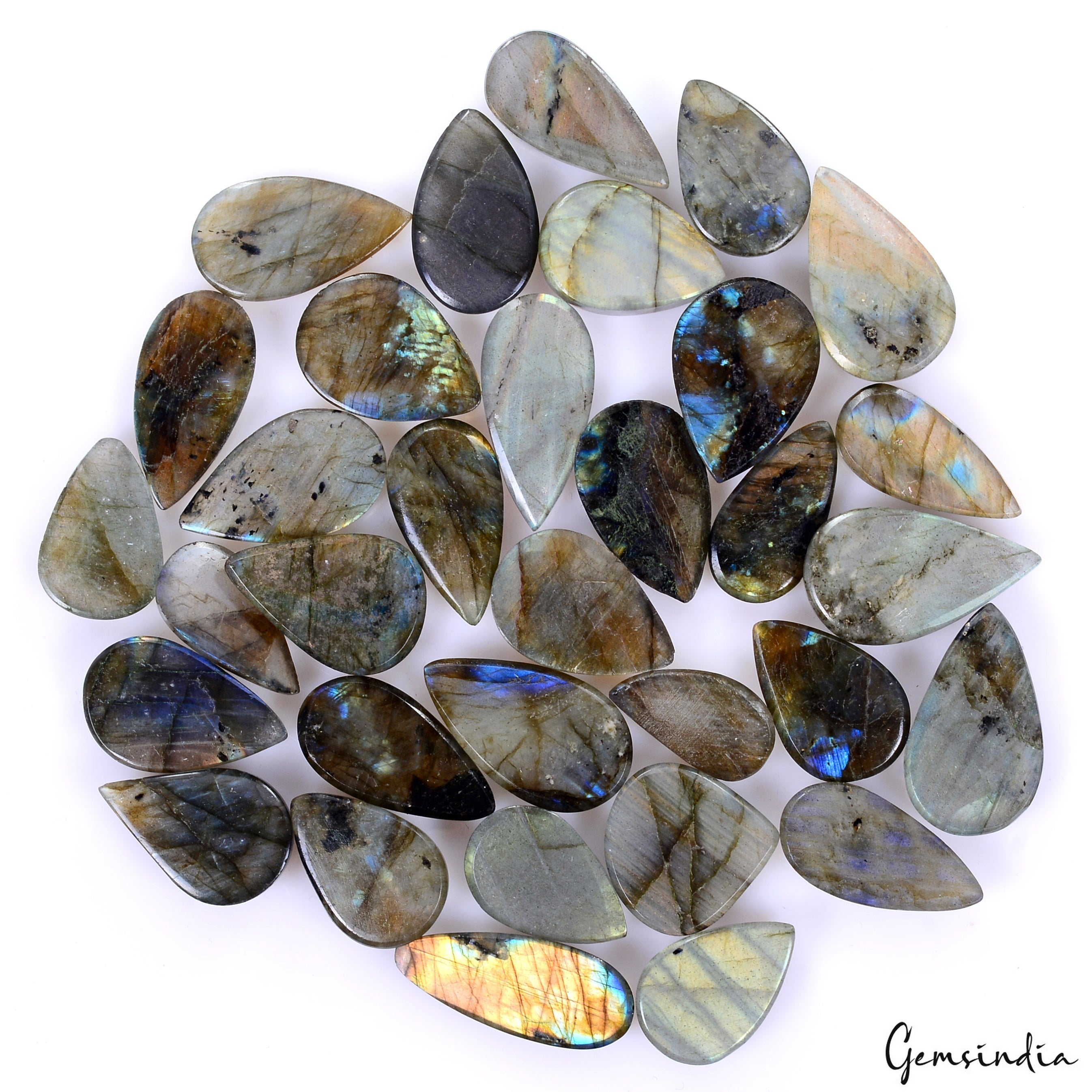 33 Pc Natural Labradorite Multi Fire 22mm-31mm Pear Cabochon Loose Gemstones Lot