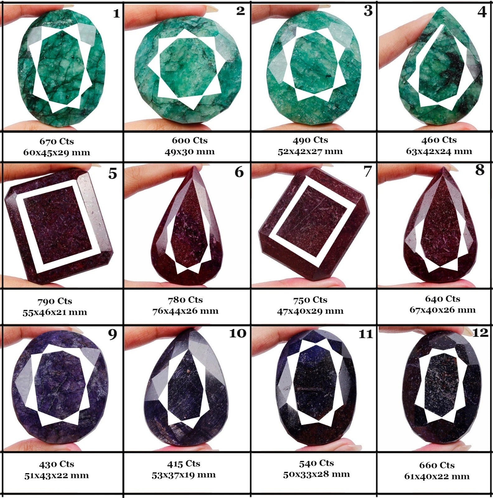 Emerald Lot, Loose Gemstone, Oval, Pear, Octagon Faceted Cut, Color Enhanced — 12 Pieces, 49mm to 76mm, 7220 Ct