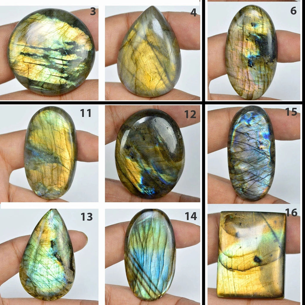Labradorite Lot, Cabochon, Oval, Pear, Cushion & Rectangular Cabochon, Untreated — 20 Pieces, 35mm to 60mm, 2130 Ct