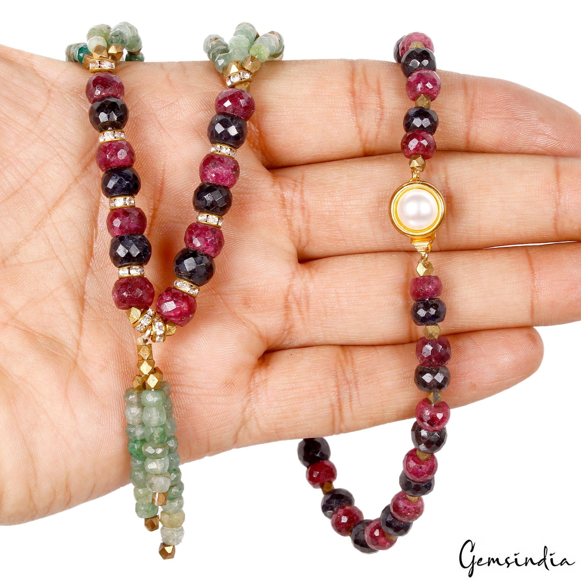 Handmade 22" Long Natural Sapphire Ruby Emerald Round Beads Necklace 355 Cts