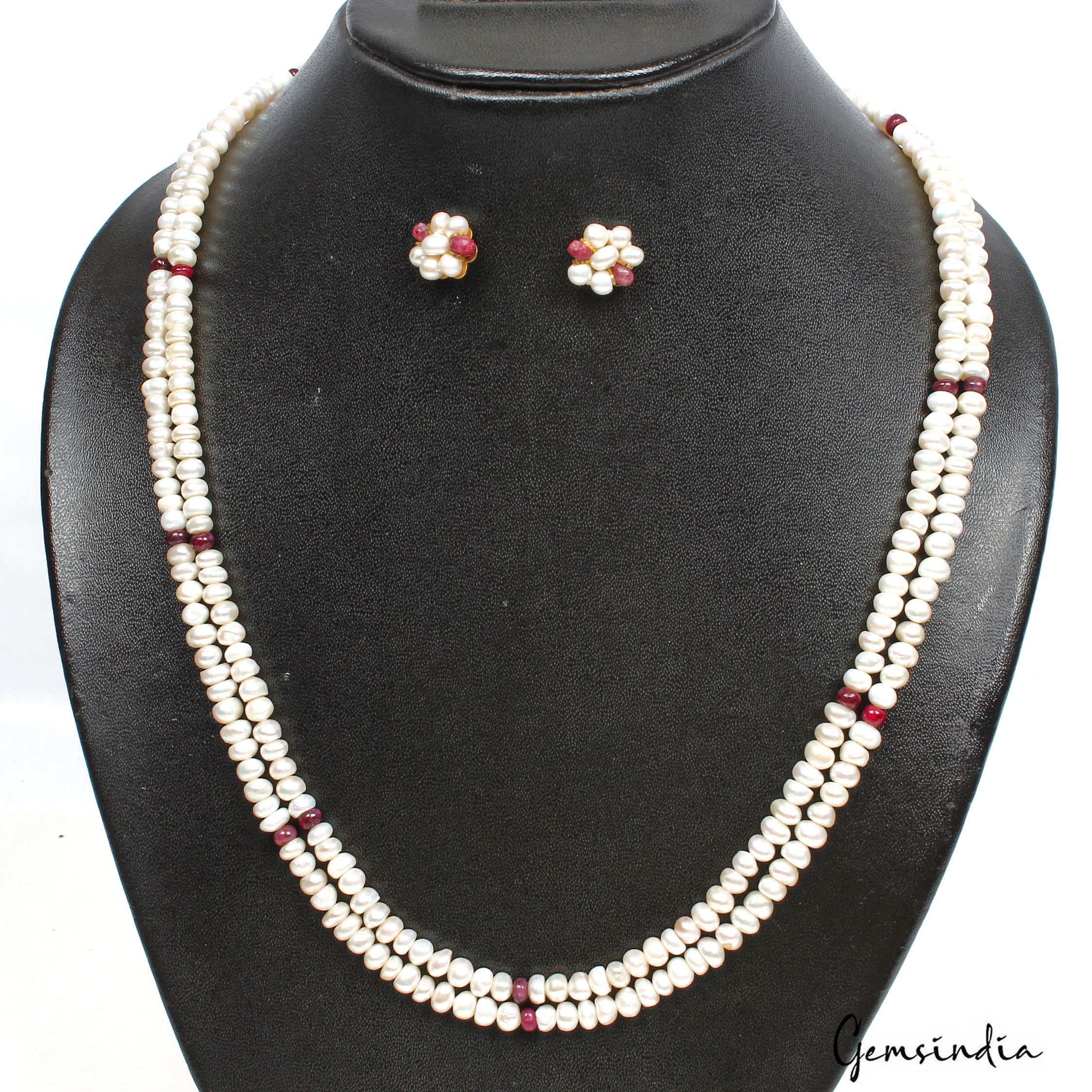 247.00 Ct Natural Freshwater Pearl & Ruby Round Cab Beaded Handmade Necklace Set