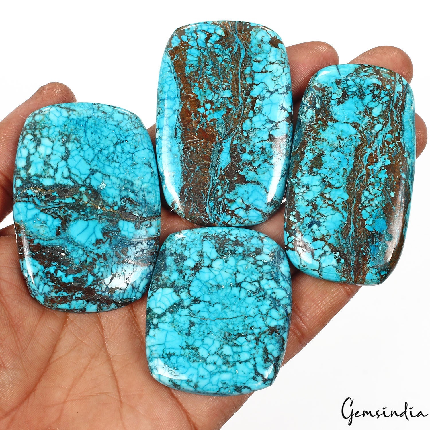 660 Cts/4 Pcs Natural Spiderweb USA Blue Turquoise Cushion Cab Loose Gems Lot