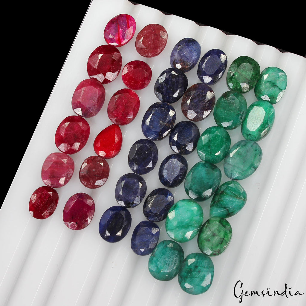121 Ct/36 Pc Natural Red Ruby Green Emerald Blue Sapphire Mix Cut Certified Gems
