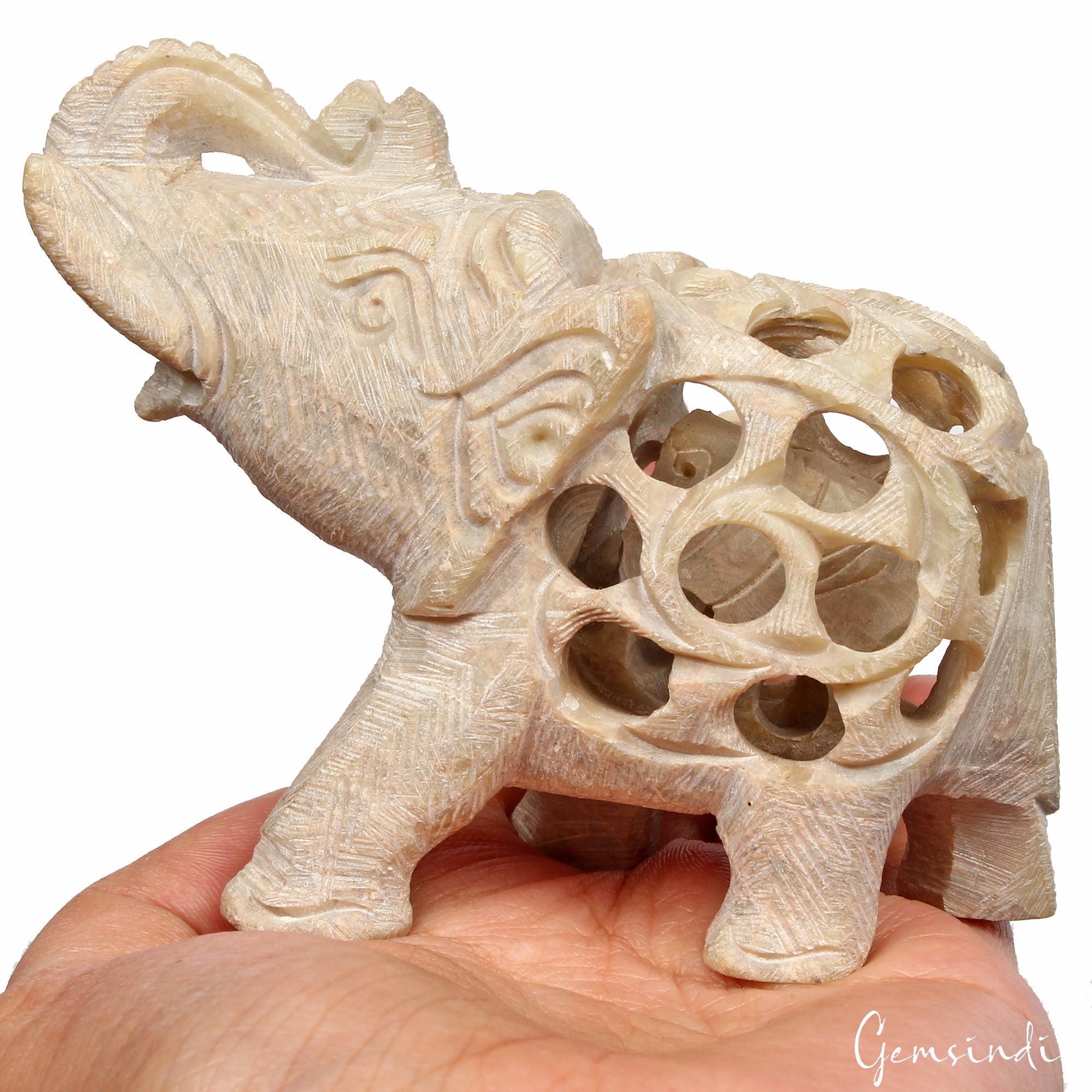 1040 Ct Soapstone Trunk Up Elephant Statue Animal Baby inside Tummy Sculpture 3"